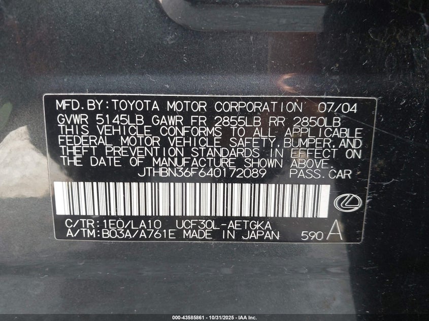 2004 Lexus Ls 430 VIN: JTHBN36F640172089 Lot: 43585861