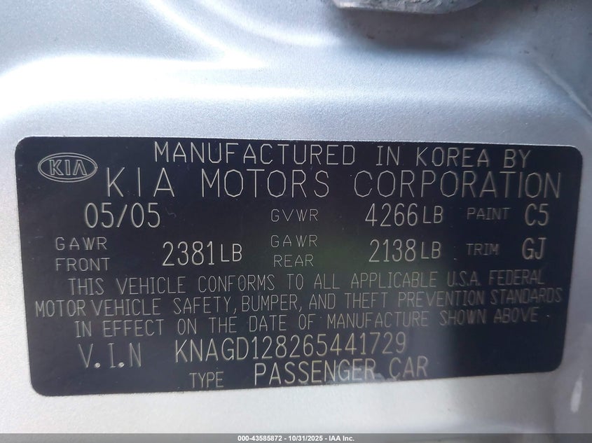 2006 Kia Optima Ex V6/Lx V6 VIN: KNAGD128265441729 Lot: 43585872