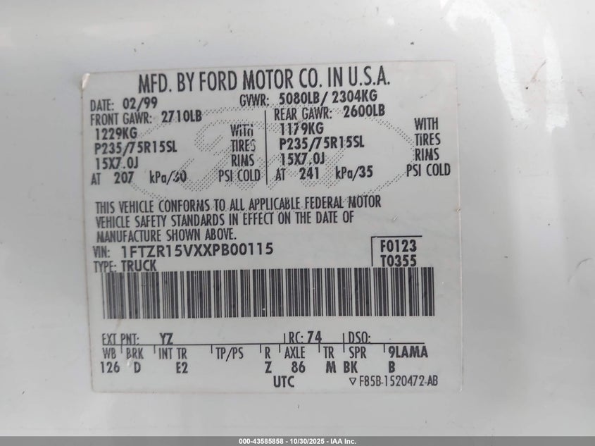 1999 Ford Ranger Xl/Xlt VIN: 1FTZR15VXXPB00115 Lot: 43585858