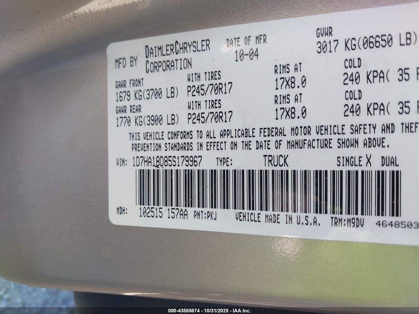 1D7HA18D85S179967 2005 DODGE RAM photo no. 9