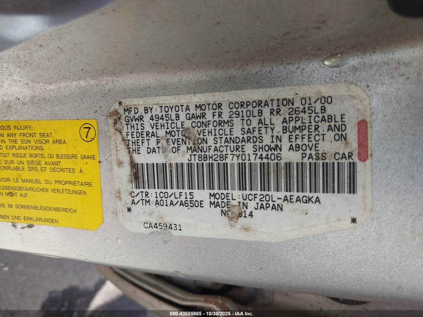 2000 Lexus Ls 400 VIN: JT8BH28F7Y0174406 Lot: 43585985