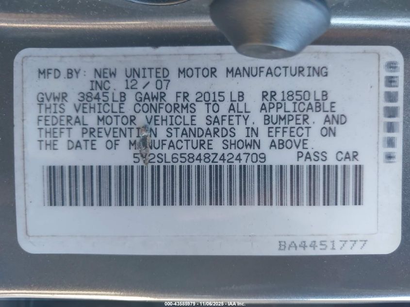 2008 Pontiac Vibe VIN: 5Y2SL65848Z424709 Lot: 43585979