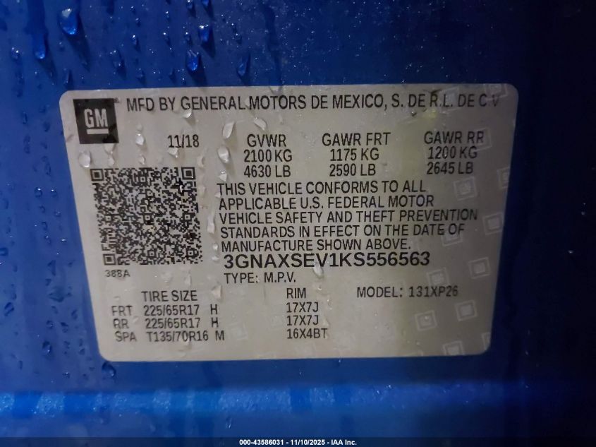 2019 Chevrolet Equinox Ls VIN: 3GNAXSEV1KS556563 Lot: 43586031