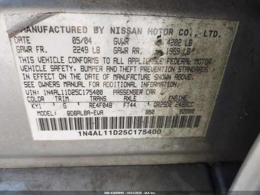 2005 Nissan Altima 2.5 S VIN: 1N4AL11D25C175400 Lot: 43585995