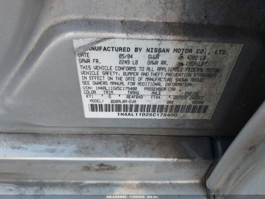 2005 Nissan Altima 2.5 S VIN: 1N4AL11D25C175400 Lot: 43585995