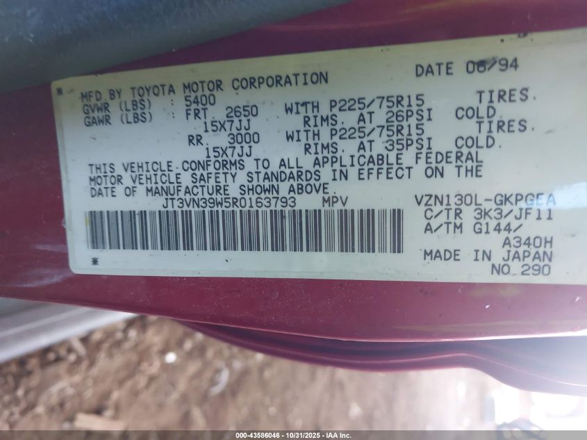 1994 Toyota 4Runner Vn39 Sr5 VIN: JT3VN39W5R0163793 Lot: 43586046
