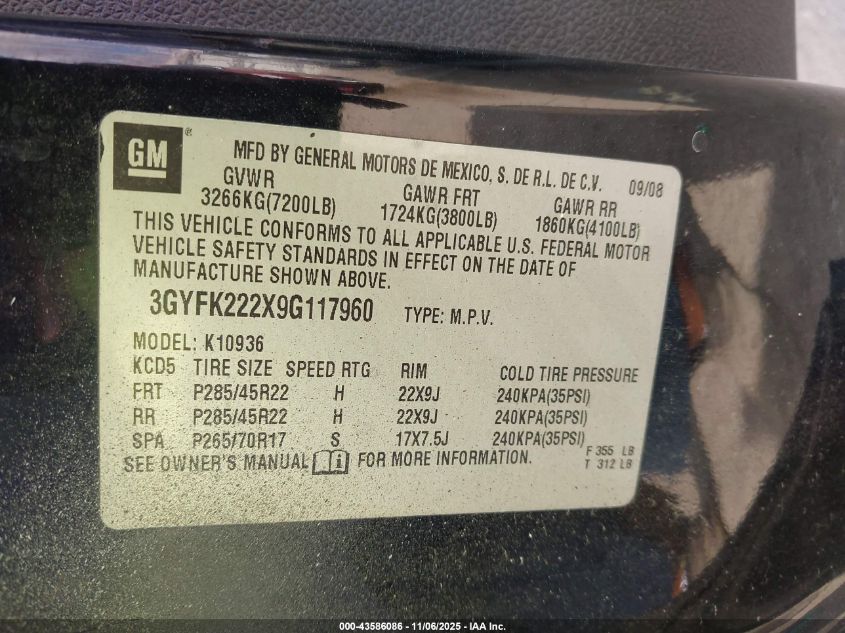 2009 Cadillac Escalade Ext Standard VIN: 3GYFK222X9G117960 Lot: 43586086