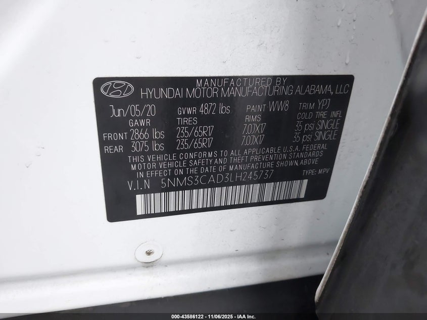 2020 HYUNDAI SANTA FE SEL 5NMS3CAD3LH245737