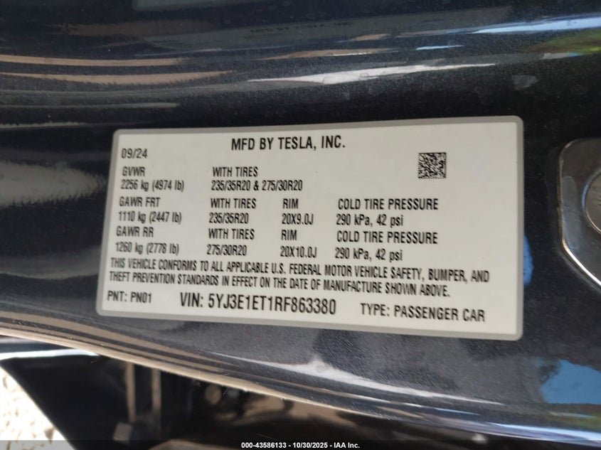2024 Tesla Model 3 Performance All-Wheel Drive VIN: 5YJ3E1ET1RF863380 Lot: 43586133