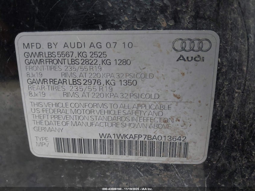 2011 Audi Q5 3.2 Premium Plus VIN: WA1WKAFP7BA013642 Lot: 43586160