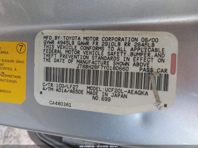 2000 Lexus Ls 400 VIN: JT8BH28F7Y0180660 Lot: 43586149