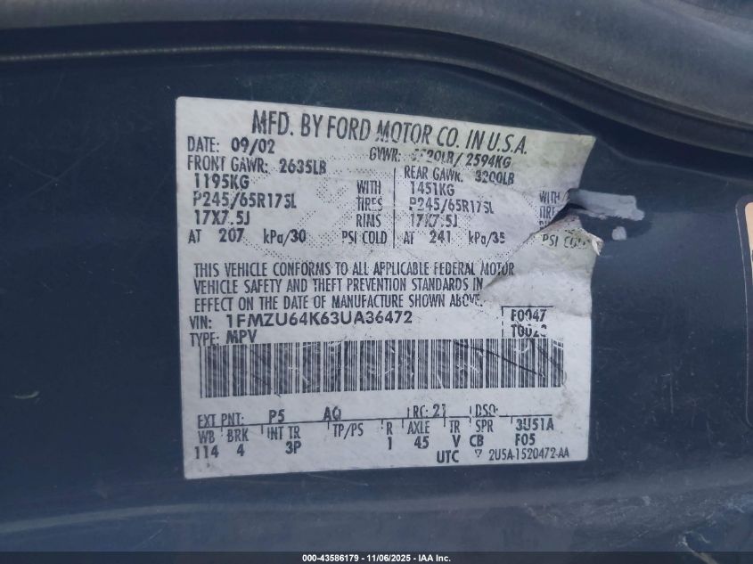 2003 Ford Explorer Eddie Bauer VIN: 1FMZU64K63UA36472 Lot: 43586179