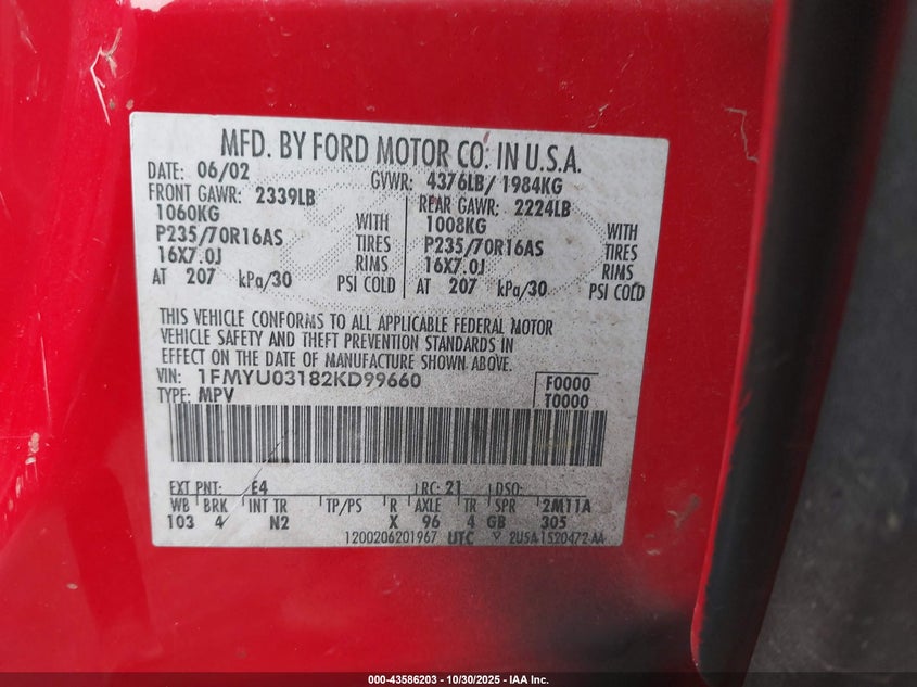 2002 Ford Escape Xlt/Xlt Choice 2 VIN: 1FMYU03182KD99660 Lot: 43586203