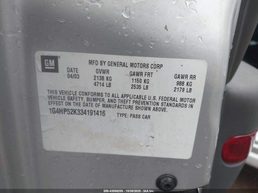 2003 Buick Lesabre Custom VIN: 1G4HP52K334191416 Lot: 43586208