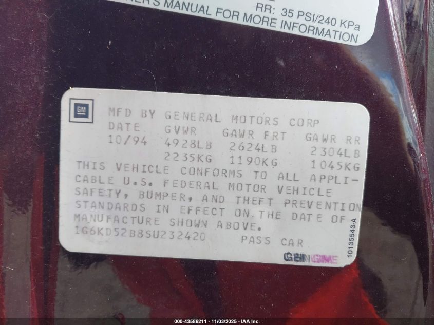 1995 Cadillac Deville VIN: 1G6KD52B8SU232420 Lot: 43586211