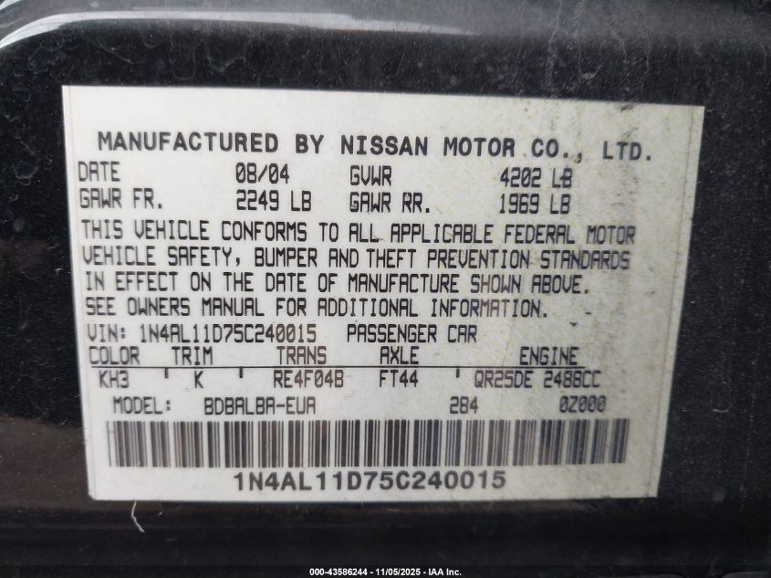 2005 Nissan Altima 2.5 S VIN: 1N4AL11D75C240015 Lot: 43586244
