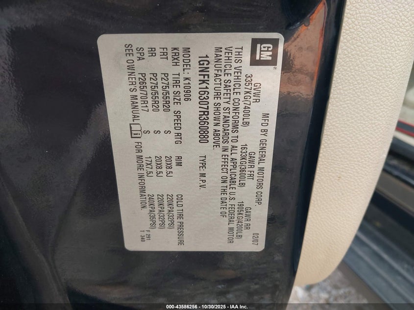 2007 Chevrolet Suburban 1500 Ltz VIN: 1GNFK16307R360880 Lot: 43586256