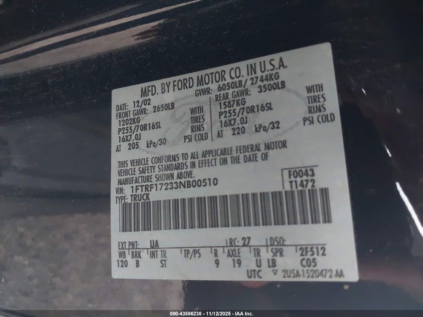 2003 Ford F-150 Xl/Xlt VIN: 1FTRF17233NB00510 Lot: 43586238