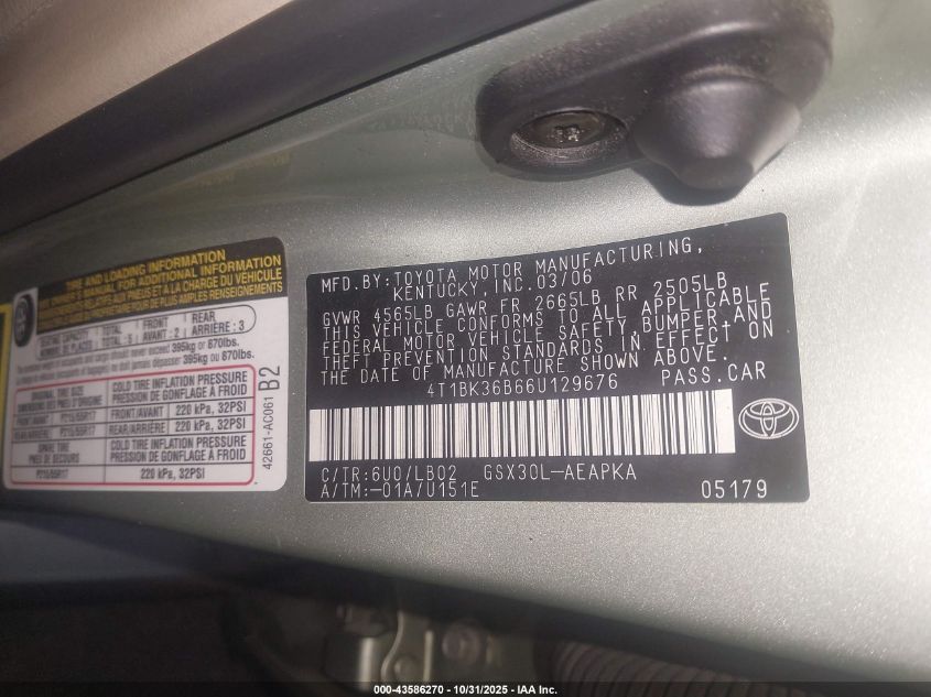 2006 Toyota Avalon Limited VIN: 4T1BK36B66U129676 Lot: 43586270