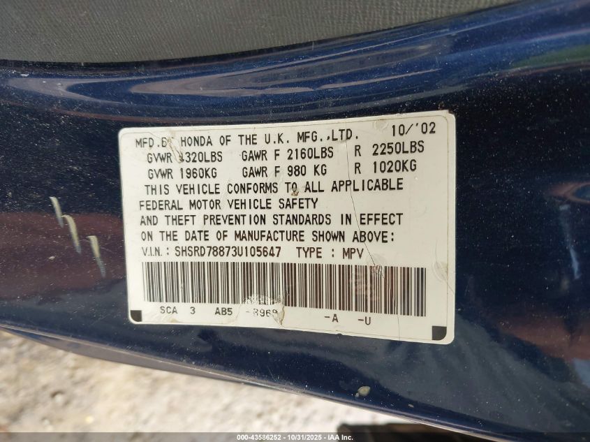 2003 Honda Cr-V Ex VIN: SHSRD78873U105647 Lot: 43586252