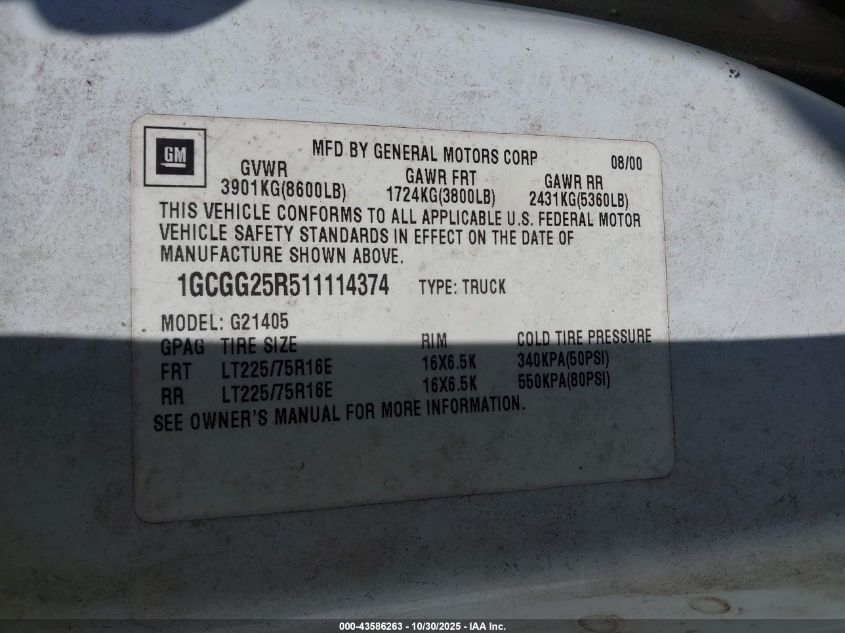 2001 Chevrolet Express VIN: 1GCGG25R511114374 Lot: 43586263