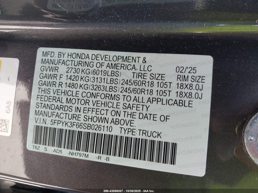 2025 Honda Ridgeline Trailsport VIN: 5FPYK3F66SB026110 Lot: 43586307