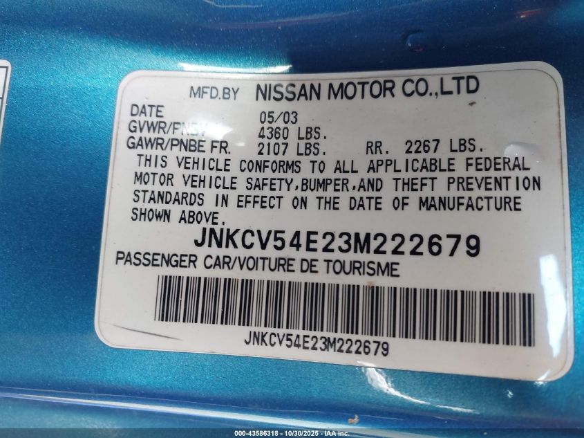 2003 Infiniti G35 Base W/Leather VIN: JNKCV54E23M222679 Lot: 43586318