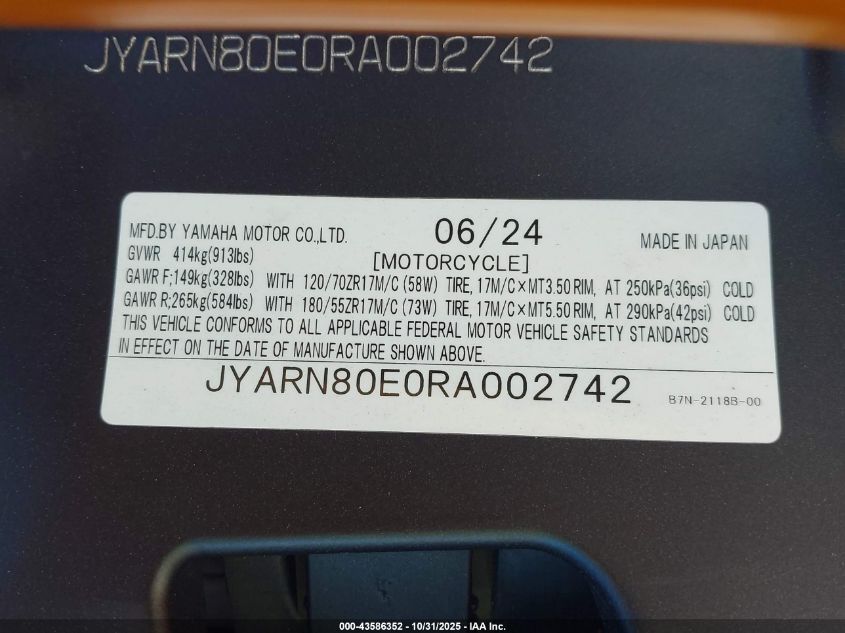 2024 Yamaha Mtm890 VIN: JYARN80E0RA002742 Lot: 43586352