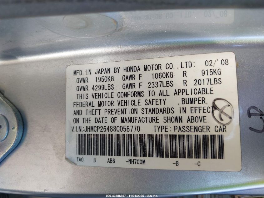 2008 Honda Accord 2.4 Lx-P VIN: JHMCP26488C058770 Lot: 43586357