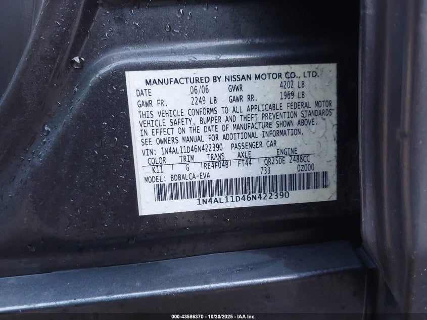 1N4AL11D46N422390 2006 NISSAN ALTIMA photo no. 9