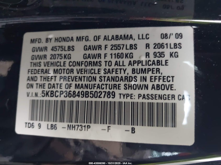 5KBCP36849B502789 2009 HONDA ACCORD photo no. 9