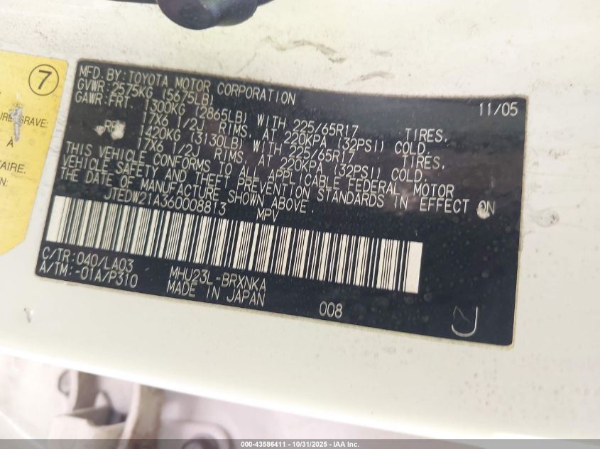 2006 Toyota Highlander Hybrid Limited V6 VIN: JTEDW21A360008813 Lot: 43586411