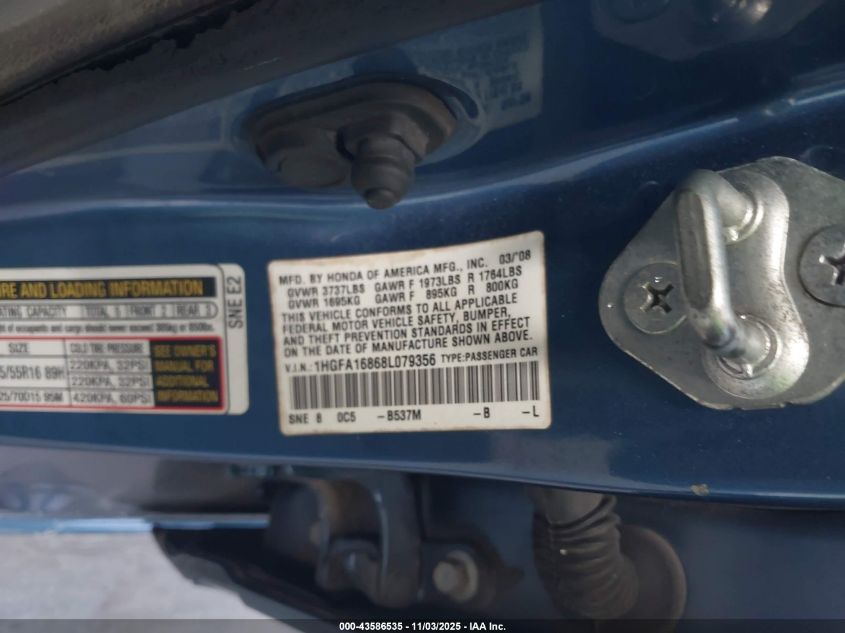 2008 Honda Civic Ex VIN: 1HGFA16868L079356 Lot: 43586535