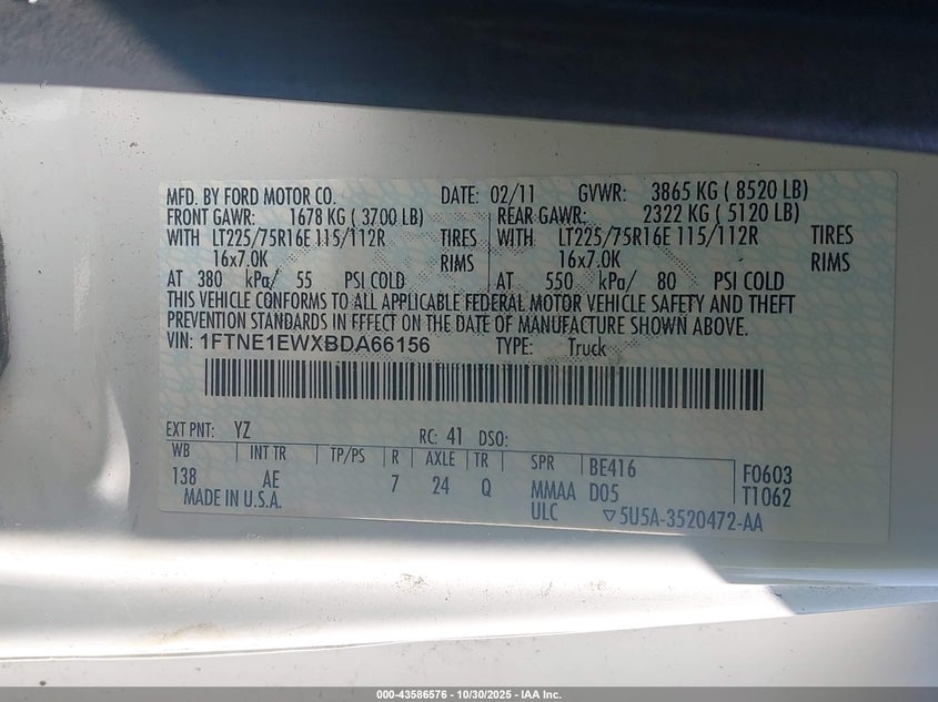 2011 Ford E-150 Commercial VIN: 1FTNE1EWXBDA66156 Lot: 43586576