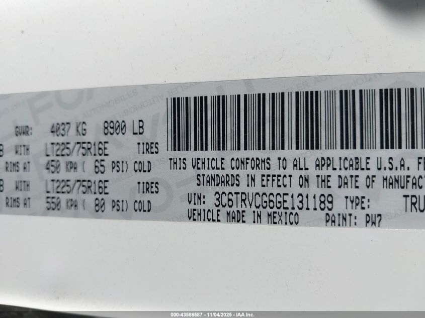 2016 Ram Promaster 2500 High Roof VIN: 3C6TRVCG6GE131189 Lot: 43586587