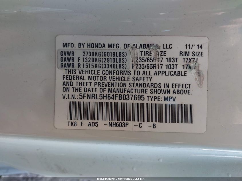 2015 Honda Odyssey Ex-L VIN: 5FNRL5H64FB037695 Lot: 43586596