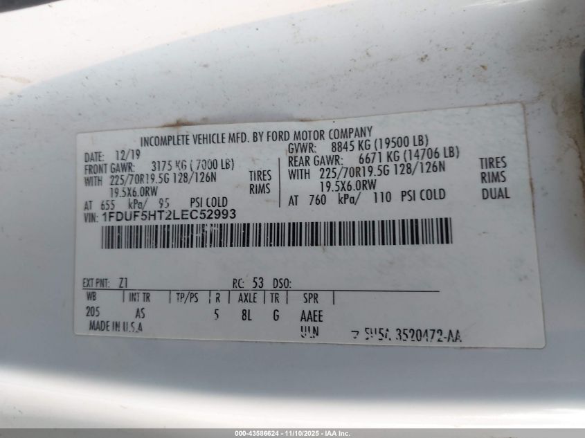 2020 Ford F-550 Chassis Xl VIN: 1FDUF5HT2LEC52993 Lot: 43586624
