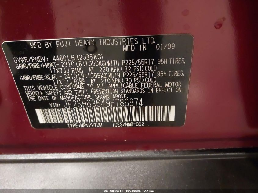 2009 Subaru Forester 2.5X VIN: JF2SH63649H786874 Lot: 43586611