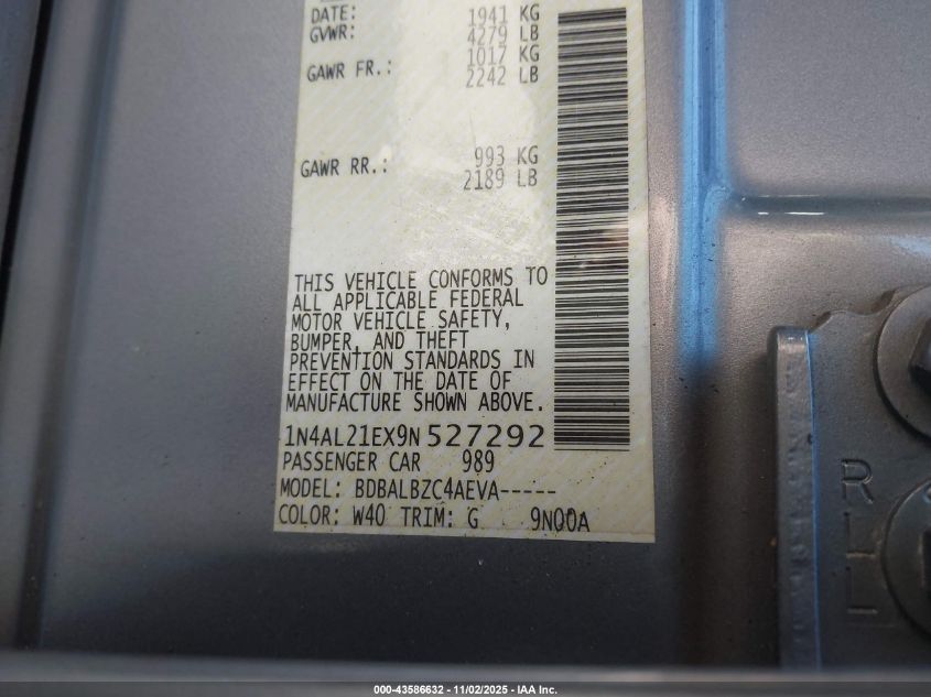 2009 Nissan Altima 2.5 S VIN: 1N4AL21EX9N527292 Lot: 43586632