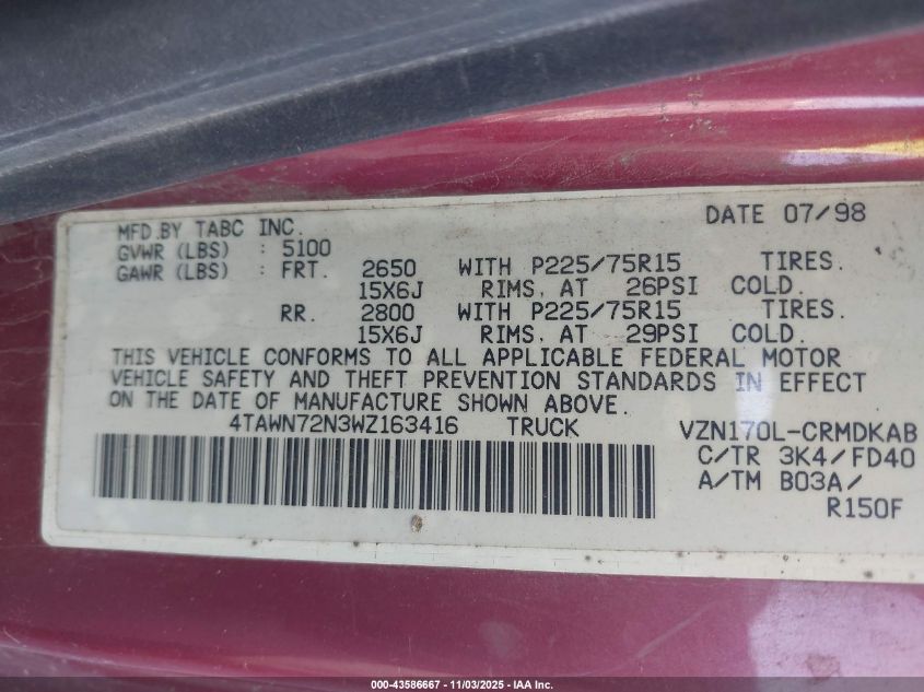 1998 Toyota Tacoma Base V6 VIN: 4TAWN72N3WZ163416 Lot: 43586667