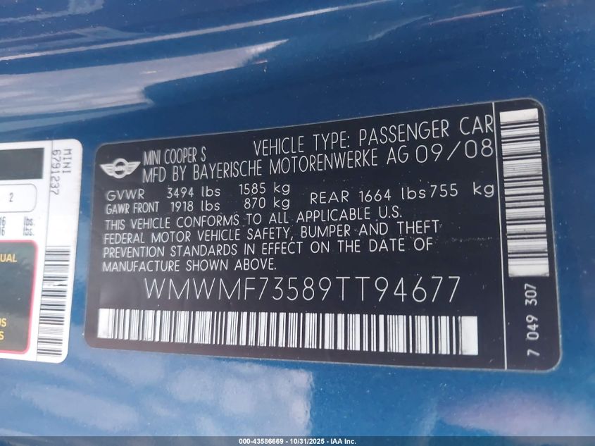 2009 Mini Cooper S VIN: WMWMF73589TT94677 Lot: 43586669