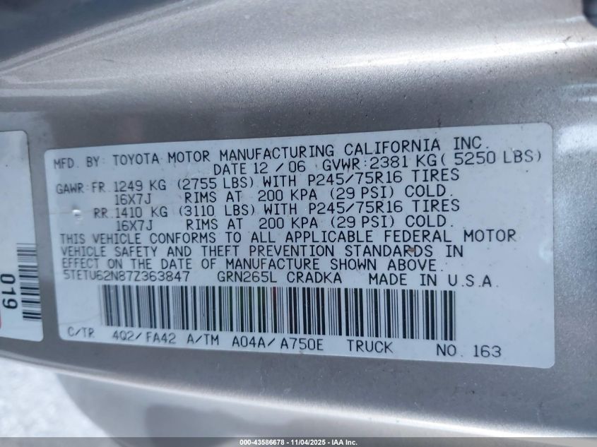 2007 Toyota Tacoma Prerunner V6 VIN: 5TETU62N87Z363847 Lot: 43586678