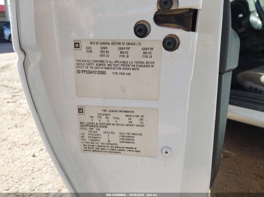 2001 Chevrolet Camaro Z28 VIN: 2G1FP22G412123093 Lot: 43586686