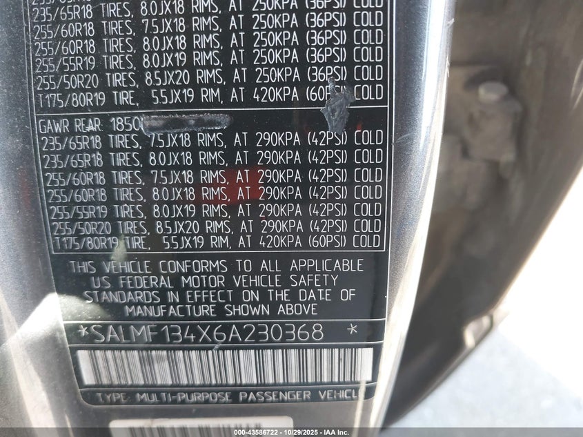 2006 Land Rover Range Rover Supercharged VIN: SALMF134X6A230368 Lot: 43586722