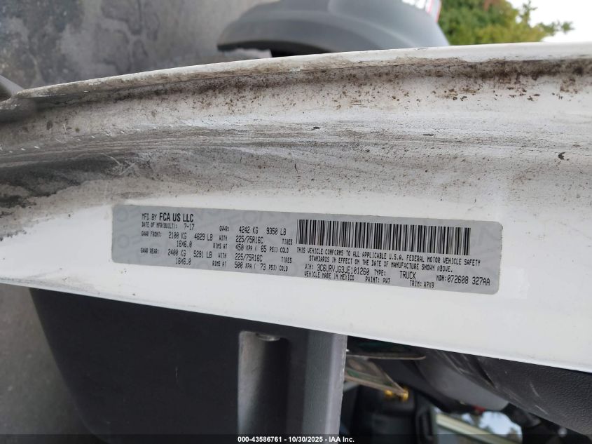 2018 Ram Promaster 3500 Cargo Van High Roof 159 Wb Ext VIN: 3C6URVJG3JE101260 Lot: 43586761