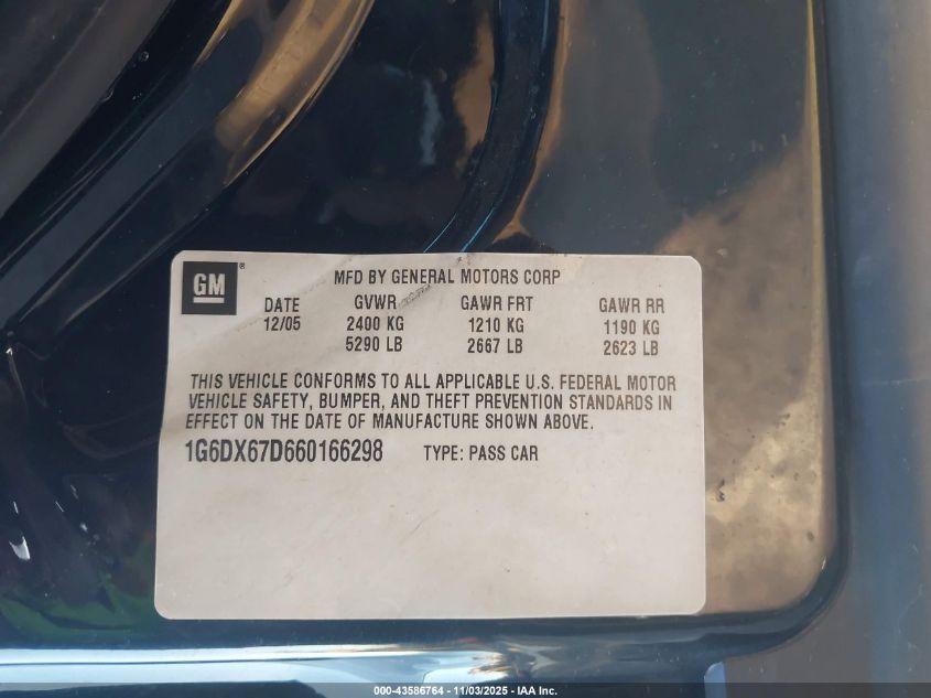 2006 Cadillac Sts-V VIN: 1G6DX67D660166298 Lot: 43586764