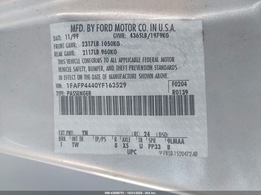 2000 Ford Mustang VIN: 1FAFP4440YF163529 Lot: 43586751
