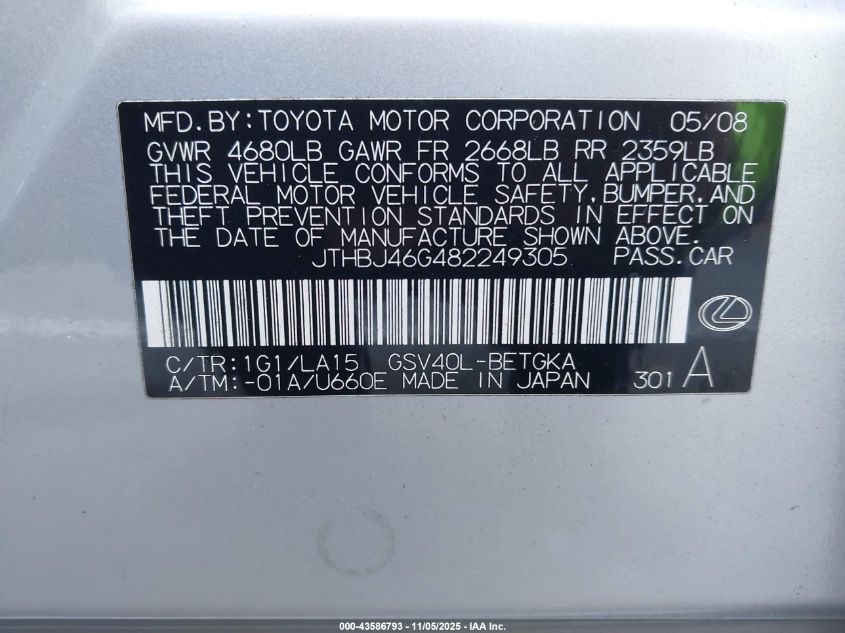 2008 Lexus Es 350 VIN: JTHBJ46G482249305 Lot: 43586793