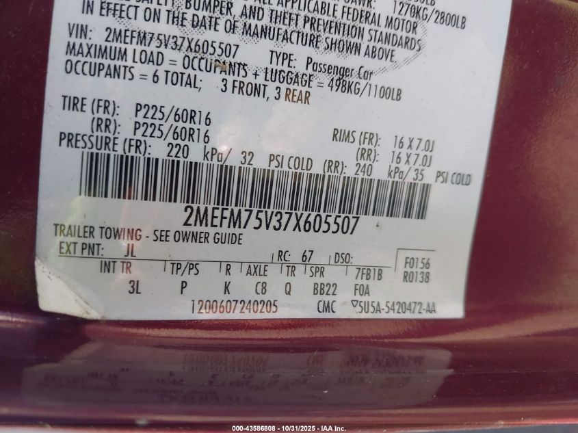2007 Mercury Grand Marquis Ls VIN: 2MEFM75V37X605507 Lot: 43586808