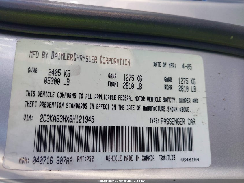 2006 Chrysler 300C VIN: 2C3KA63HX6H121945 Lot: 43586812